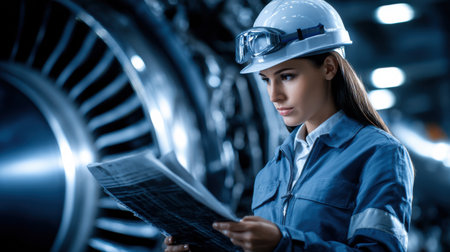 A woman wearing a hard hat and safety goggles is looking at a piece of paper. She is likely a worker in a factory or industrial settingの素材
