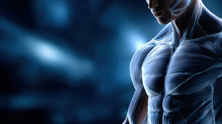 A man's muscular chest is shown in a blue background. The image is a close up of the man's chest, with the muscles clearly visible. The blue background gives the image a cool and modern feelの素材