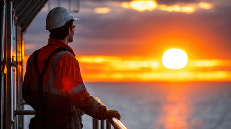 A man in a safety suit stands on a pier looking out at the ocean. The sun is setting in the background, casting a warm glow over the scene. The man is waiting for something or someoneの素材