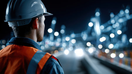 A man in a safety vest stands in front of a city skyline. The man is wearing a hard hat and is looking up at the sky. The city skyline is lit up with lights, creating a moody atmosphereの素材