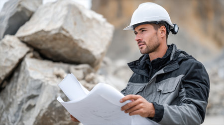 A man wearing a hard hat and safety glasses is holding a piece of paper. He is looking at the paper, possibly studying or reviewing it. Concept of focus and concentrationの素材