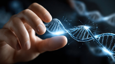 A hand is holding a DNA strand. The strand is blue and has a glowing effect. Concept of the complexity and beauty of DNAの素材