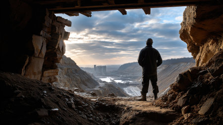 A man stands in a cave looking out at a city. The sky is cloudy and the man is wearing a black jacketの素材