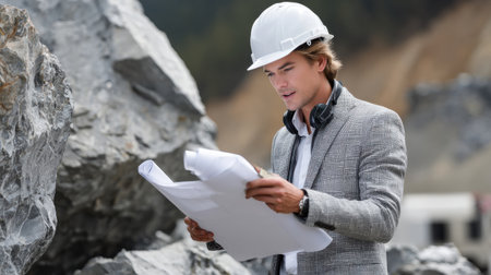 A man wearing a hard hat and a white shirt is looking at a piece of paper. He is likely a construction worker or engineer, as he is holding a blueprint or a drawing. Concept of focus and determinationの素材