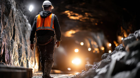 A man in an orange vest walks through a tunnel. The tunnel is dark and the man is the only light sourceの素材