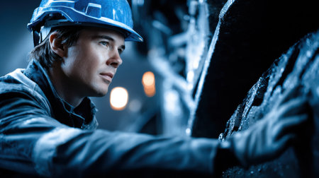 A man in a blue helmet is looking at something. He is wearing a blue jacket and a blue hatの素材