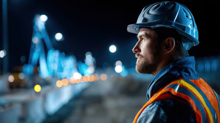 A man in a hard hat and orange vest stands in front of a construction site. The scene is dark and the man is looking at something in the distanceの素材