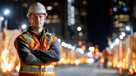 A man in a safety vest stands in front of a city street at night. He is wearing a hard hat and is looking directly at the camera. The scene is set in a city with a lot of lightsの素材