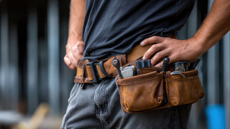 A man wearing a black shirt and brown belt with a tool belt. He is holding a tool belt with a variety of toolsの素材