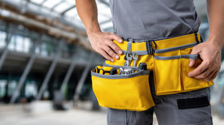 A man wearing a yellow tool belt is standing in front of a building. Concept of professionalism and preparedness, as the man is equipped with various tools in his beltの素材