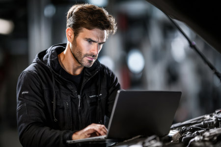 A man is sitting in front of a laptop, looking at the screen. He is wearing a black jacket and he is focused on his workの素材