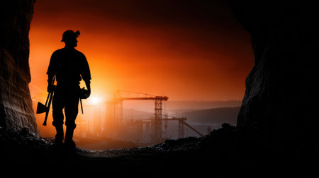 A man in a black outfit is standing in front of a large building. The sky is orange and the sun is settingの素材