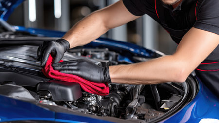 A man is cleaning a car engine with a red cloth. Concept of care and attention to detail, as the man is taking the time to clean the engine thoroughly. The red cloth adds a pop of color to the sceneの素材