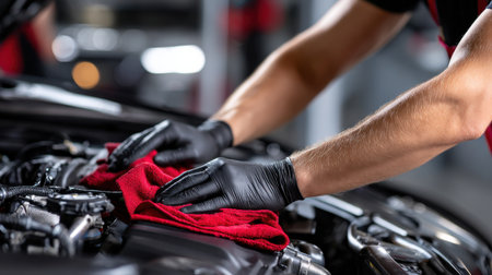 A man is working on a car engine, wiping it down with a red cloth. Concept of precision and care, as the man takes his time to ensure that the engine is clean and well-maintainedの素材