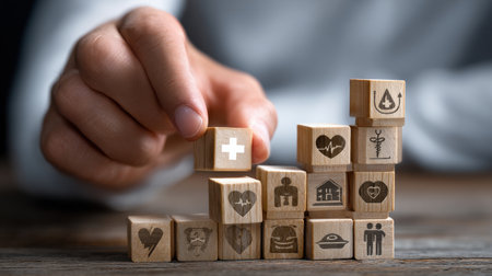 A person is holding a stack of wooden blocks with various symbols on them, including a heart and a cross. The blocks are arranged in a pyramid shapeの素材