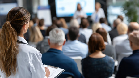 A woman in a white lab coat stands in front of a crowd of people. She is holding a clipboard and she is giving a presentation. The audience is attentive and engaged, listening to her wordsの素材