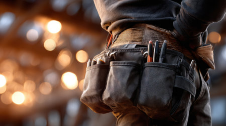A man is wearing a tool belt with a variety of tools. The image has a moody, industrial feel to itの素材