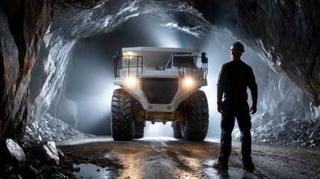 A man stands in front of a large truck in a tunnel. The tunnel is dark and the truck is illuminated. The man is a worker, possibly a minerの素材