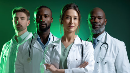 A group of four doctors are standing together, with one of them wearing a white coat. Concept of unity and professionalism among the groupの素材
