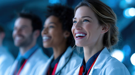 A group of people in white lab coats are smiling and looking at the camera. Scene is happy and friendlyの素材