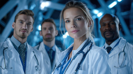 A group of four doctors are standing together in a room. One of the doctors is a womanの素材