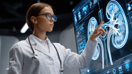 A woman in a white lab coat is pointing at a computer screen displaying a kidney. She is wearing glasses and she is a doctorの素材