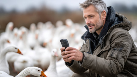 A man is sitting on the ground with his phone in his hand, looking at a group of geeseの素材