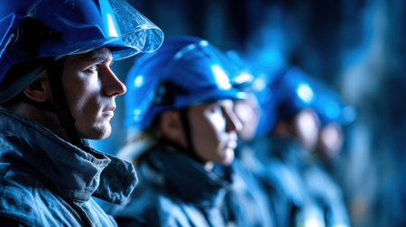 A group of people wearing blue helmets and jackets are standing in a line. Scene is serious and focusedの素材