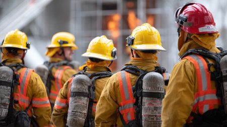 A group of firefighters are standing in front of a fire. They are wearing yellow helmets and orange jacketsの素材
