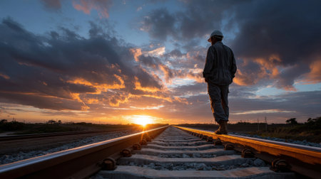 A man in a hard hat stands on a railroad track. The sky is cloudy and the sun is settingの素材