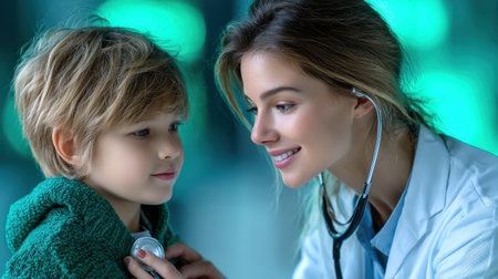 A woman in a white coat is examining a child. The child is wearing a green sweaterの素材