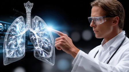 A man in a white lab coat is pointing at a computer screen that shows a lung. Concept of scientific exploration and discovery, as the man is likely a doctor or researcher studying the lungの素材