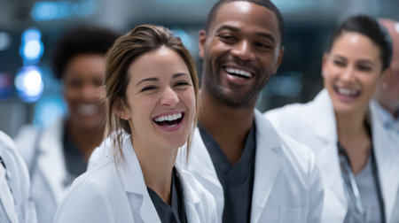A group of smiling doctors are posing for a photo. Scene is happy and friendlyの素材