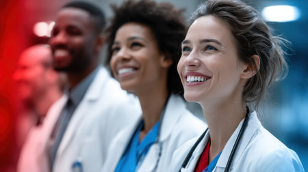 A group of smiling doctors are standing together. Scene is happy and positive. The idea of the image is to show the camaraderie and teamwork among the medical professionalsの素材