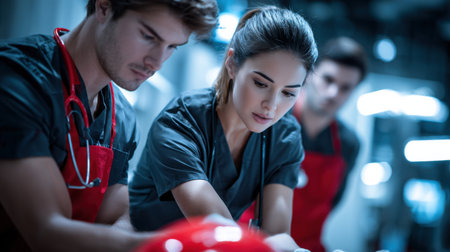 A group of medical professionals are working together in a hospital setting. The woman is wearing a stethoscope and the man is wearing a red apron. Scene is serious and focusedの素材