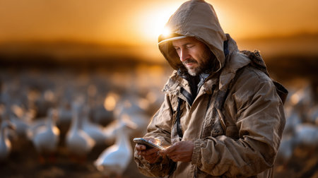 A man is looking at his phone while standing in a field with a large flock of birds. The scene is peaceful and serene, with the sun shining brightly in the backgroundの素材