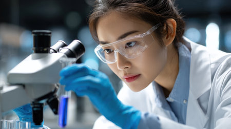 A woman wearing a lab coat and blue gloves is looking through a microscope at a blue liquid. She is focused on her work, likely conducting an experiment or analyzing a sampleの素材