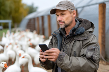 A man is looking at his phone while standing in front of a flock of geese. The scene is peaceful and serene, with the man seemingly enjoying his time with the birdsの素材