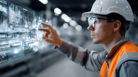 A man wearing a hard hat and safety glasses is pointing at a computer screen. Concept of focus and determination as the man works on a taskの素材