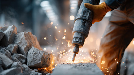 A man is using a drill to break up a pile of rocks. The scene is chaotic and dangerous, with debris flying everywhere. The man is wearing a hard hat and gloves to protect himself from the flying rocksの素材