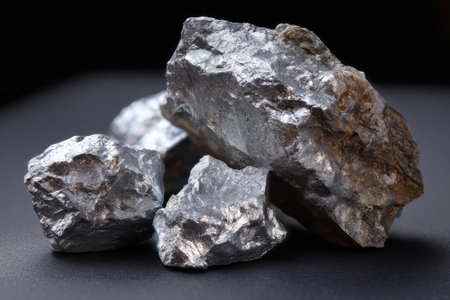 Four shiny rocks are piled on top of each other. The rocks are silver and metallic in color. Concept of strength and durability, as the rocks seem to be unbreakable and steadfastの素材