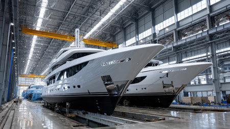 Two large white boats are in a building. The boats are in a dry dock. The boats are in a building with a lot of windowsの素材