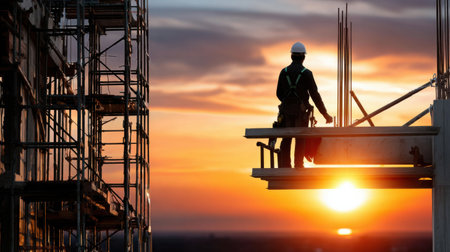 A construction worker is standing on a scaffold overlooking a building site. The sun is setting in the background, casting a warm glow over the scene. The worker is wearing a hard hat and safety gearの素材