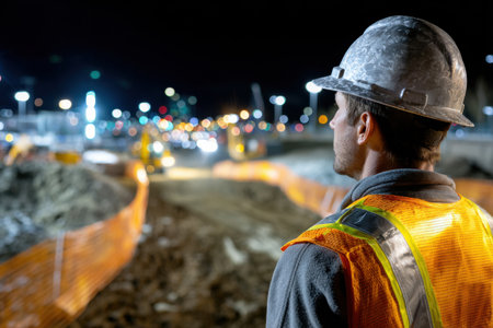 A man in a safety vest and hard hat stands in front of a construction site. The scene is dark and the man is looking up at somethingの素材