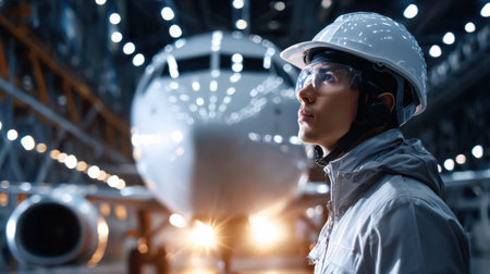 A woman wearing a hard hat stands in front of a plane. Concept of professionalism and focus, as the woman is likely an engineer or technician working on the aircraftの素材