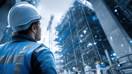 A man in a blue vest and a hard hat stands in front of a building. The man is looking up at the building, possibly admiring its architecture or assessing its constructionの素材
