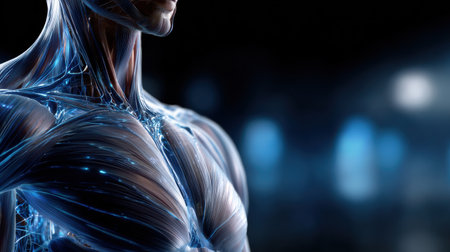 A close-up of a man's body, with a blue and white color scheme. The man's muscles are visible, and the overall mood of the image is one of strength and powerの素材