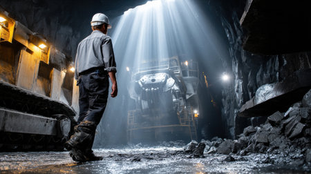 A man stands in a tunnel with a large truck in front of him. The tunnel is dark and the man is wearing a hard hat. Scene is serious and industrialの素材