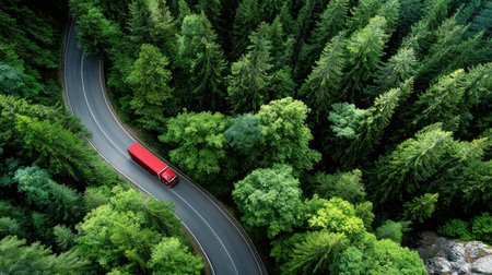 A red truck is driving down a winding road through a forest. The trees are lush and green, and the road is surrounded by a thick canopy of foliage. The scene is peaceful and sereneの素材