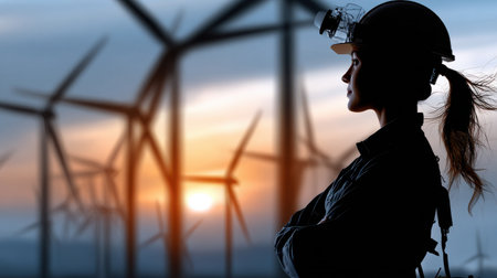 A woman wearing a hard hat stands in front of a wind farm. Concept of determination and focus as the woman looks out over the wind turbinesの素材